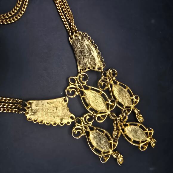 Vintage Peking Glass Bib Necklace Gold Tone Scroll Link - Picture 7 of 10